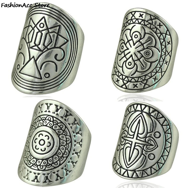 Ring Set for Women/Girls 4Pcs/set Unique Vintage Carving Tibetan Silver Plated Bohemian Punk Boho Ring Sets Jewelry