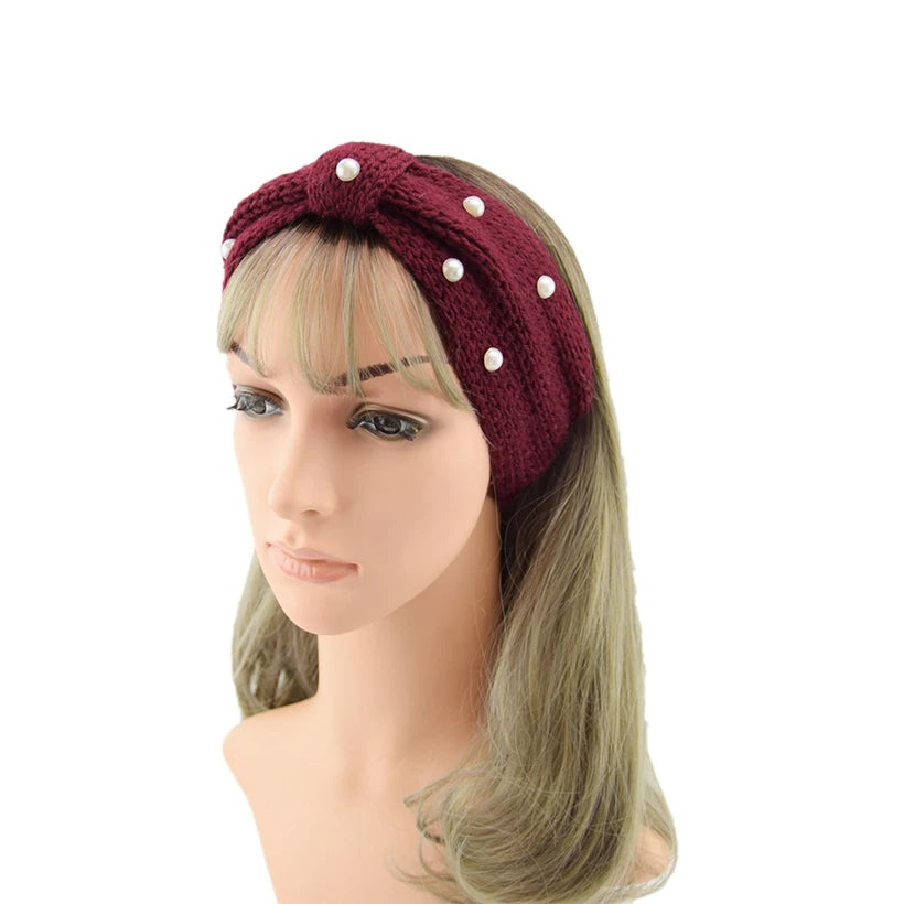 Hairband Winter Knitted Pearl Rhinestone Wool Warm Turban Women Girls