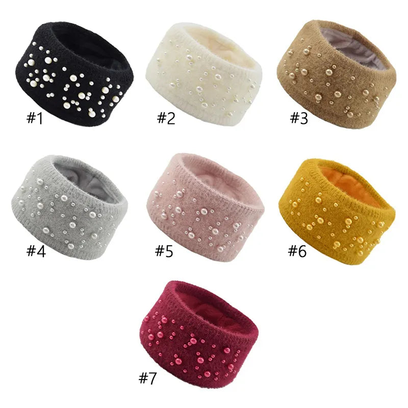 Hairbands Winter Warm Knitted Scattered Pearl Wool Fleece Turban Women