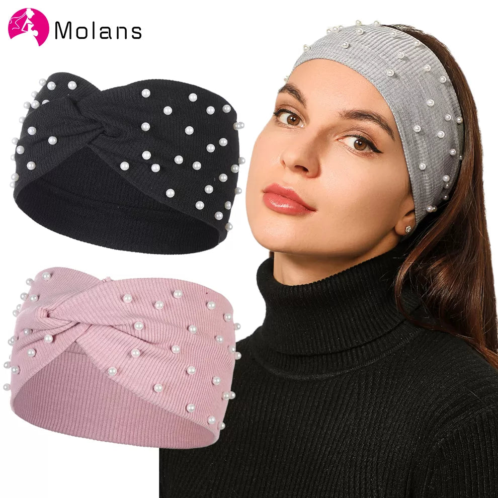 Hair Bands Women Pearls Knitted Turban Bandana