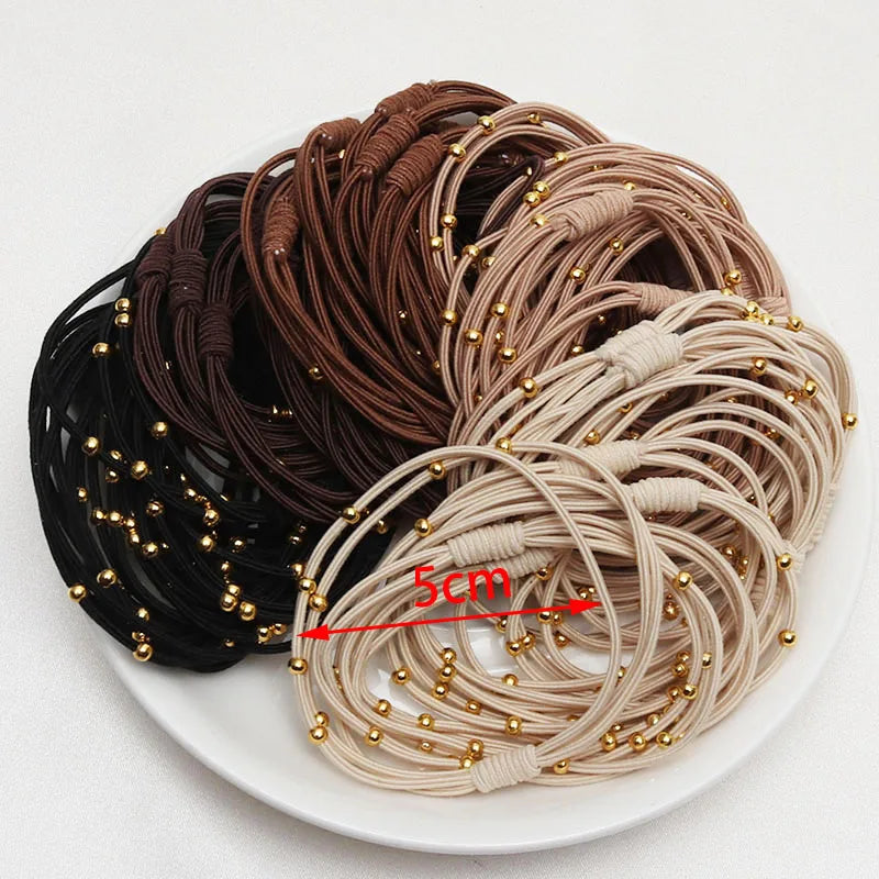 Hair Rubber Bands 10PCS Women Elastic with Golden Plated Beads