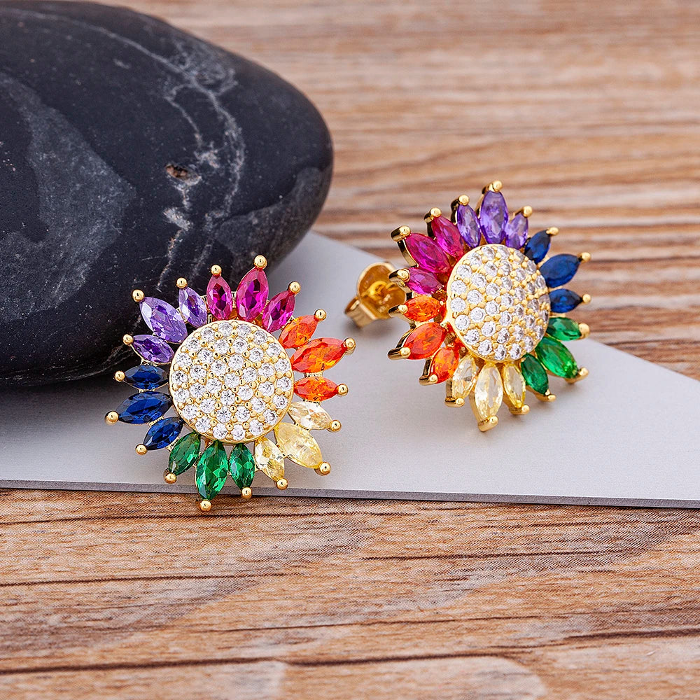 Earrings For Women Colorful Sunflower Cubic Zirconia Stud Wedding Party Charm Jewelry