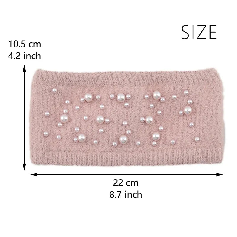 Hairbands Winter Warm Knitted Scattered Pearl Wool Fleece Turban Women