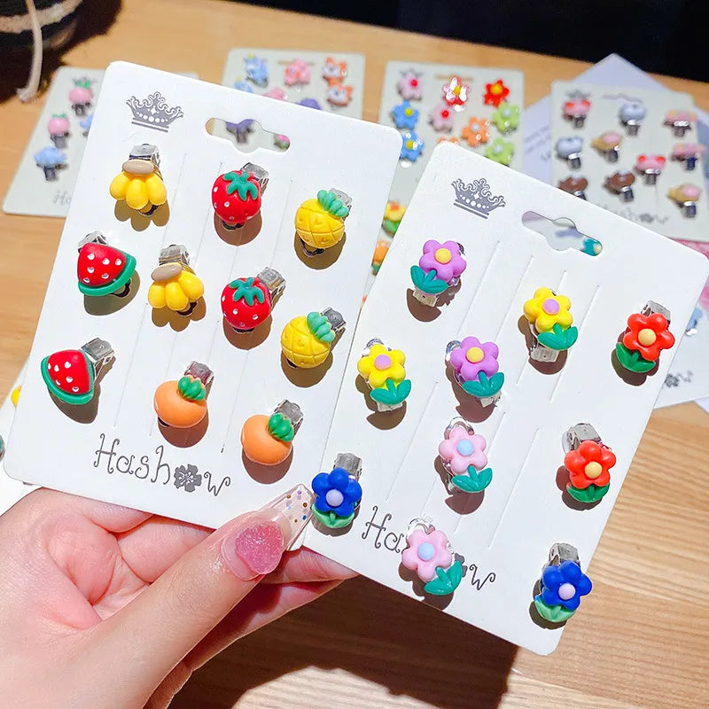 Earrings Studs/Ear Clips 10Pcs/Set New Cartoons Girls Sweet Acrylic non piercing anti-pain