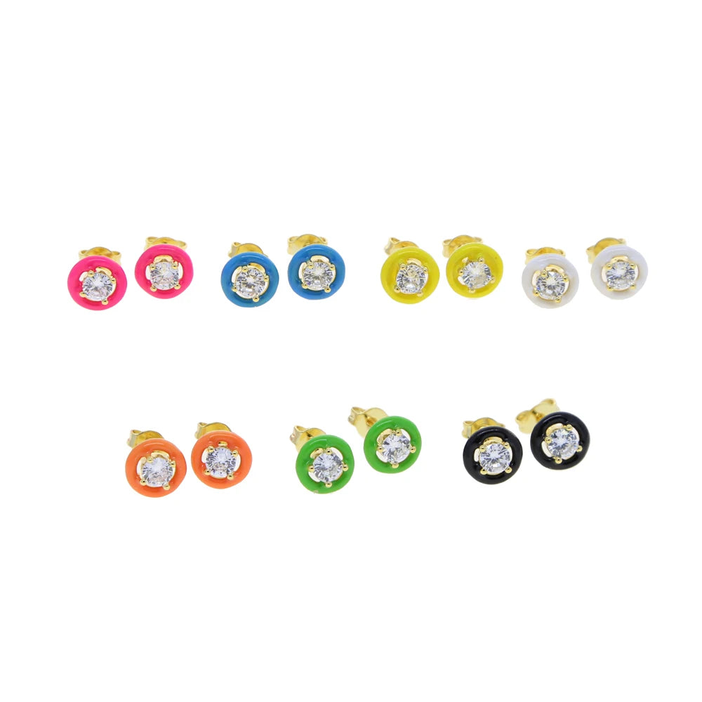 Earring Studs Colorful Classic Single CZ Stone Geometric Round Neon Enamel jewelry