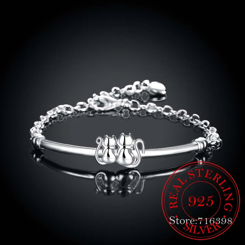 Bracelet & Bangle for Women Men Fine Jewelry Gift 100% 925 Sterling Silver Cute Couple Cat Chains