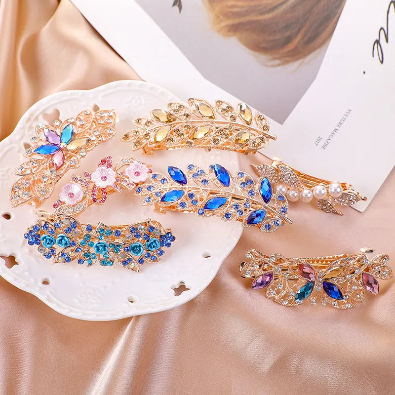 Hair Clips For Women Crystal Floral Leaf Rhinestone Alloy Party  Gift Jewelry