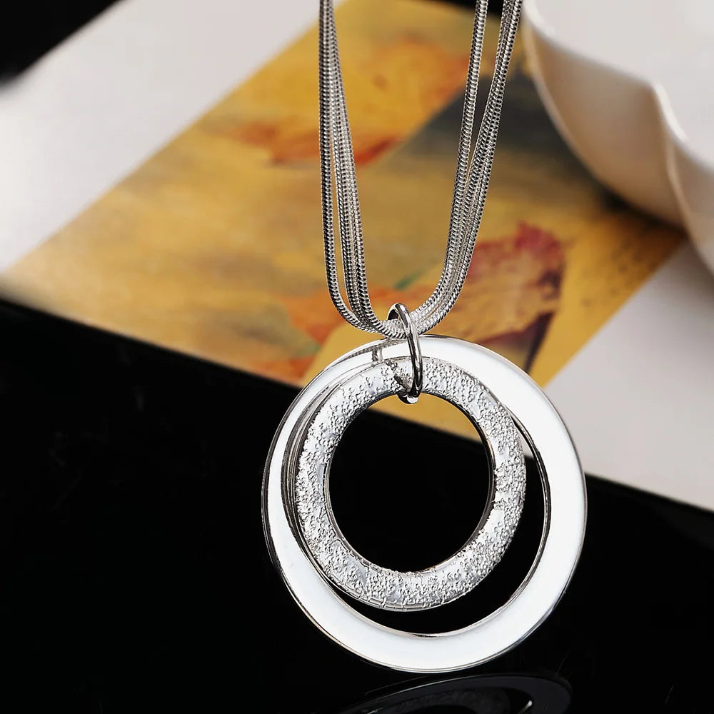 Necklace For Women 925 Sterling Silver 18-Inch Snake Chain O-Shaped Frosted Pendant Fashion Wedding Party Charm Jewelry