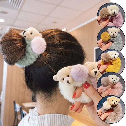 Hair Bands Hair Scrunchies for Women Girls Cute Plush Bear Soft Pompom Elastic Hair Accessories