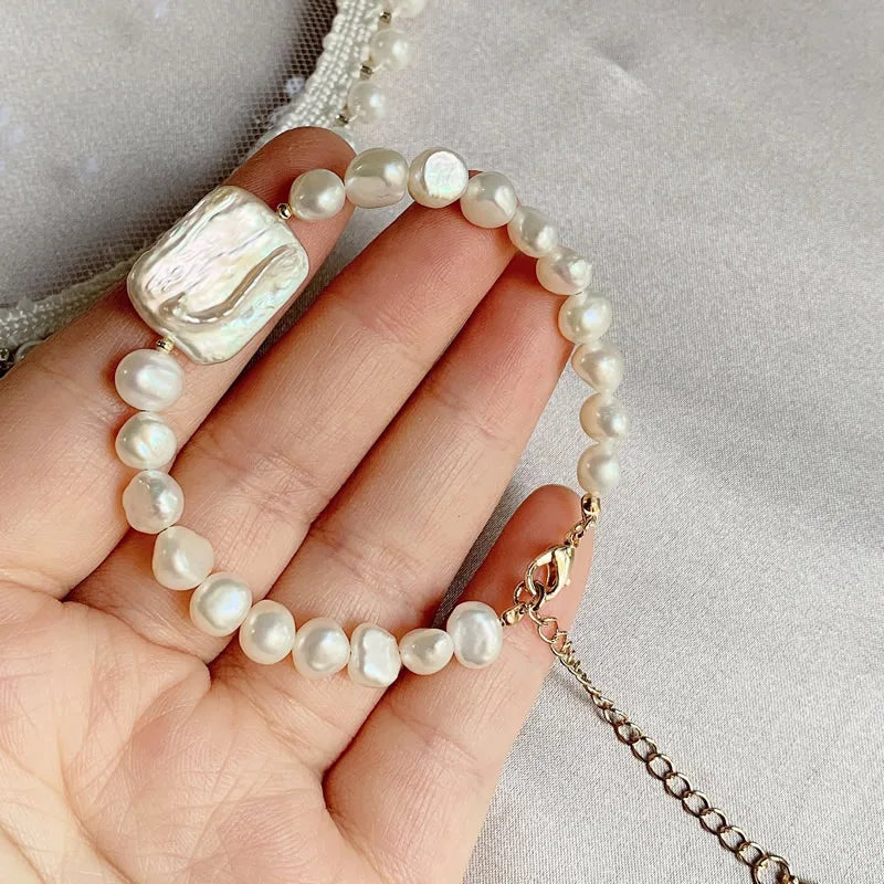 Bracelets for Women Elegant Natural Freshwater Pearl Irregular Rectangle Baroque Pearl Strand Bracelet Party Wedding Jewelry