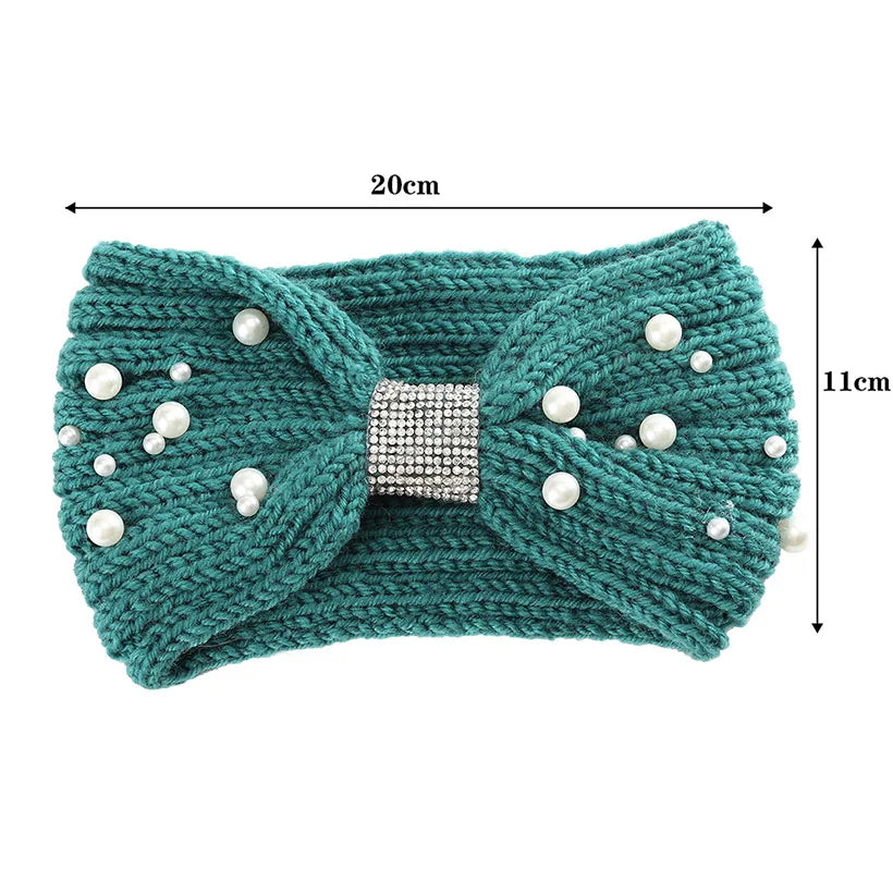 Hairband Winter Knitted Pearl Rhinestone Wool Warm Turban Women Girls