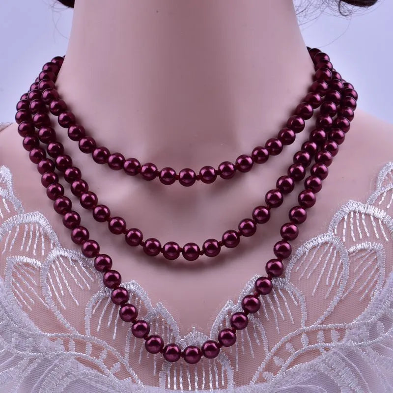 Maroon 3-layers Show off your unique style with this 1.5m-long 8mm Fashion Imitation Pearl Multi-Layer Long Necklace