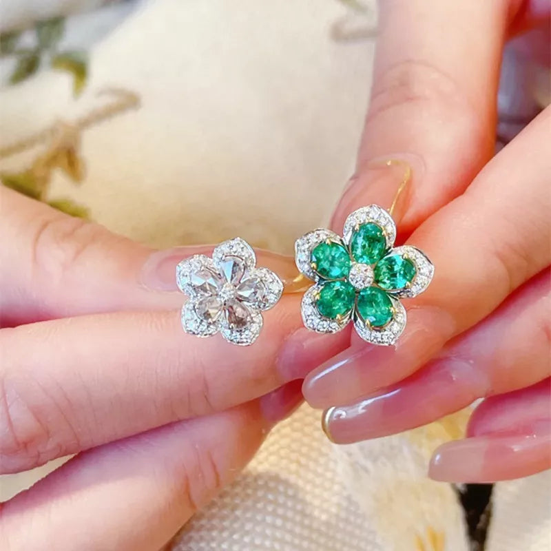 Rings Resizable With Shinning Rhinestones Beautiful White Green Flower New Fashion Open Design