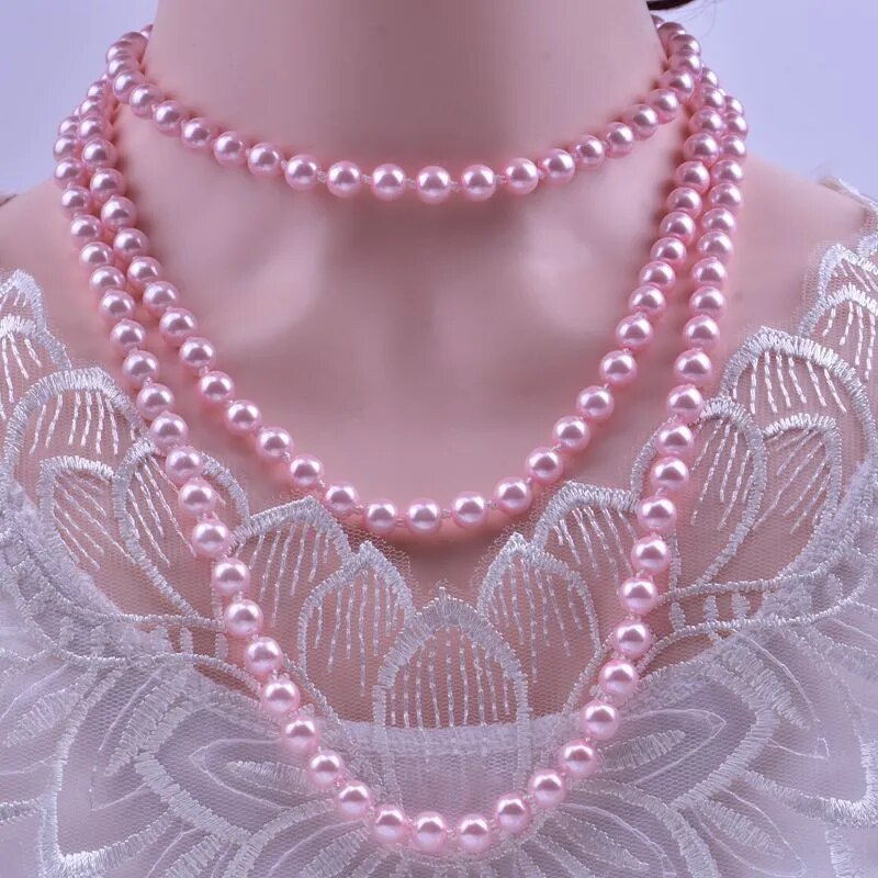 Baby Pink-3-layers Show off your unique style with this 1.5m-long 8mm Fashion Imitation Pearl Multi-Layer Long Necklace