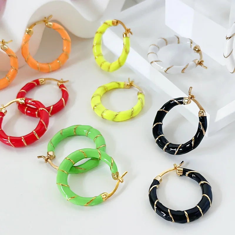 Earrings for Women Girls New Neon Colors Drip Glaze Enamel Golden Spiral Circle Hoop Party Fashion Jewelry