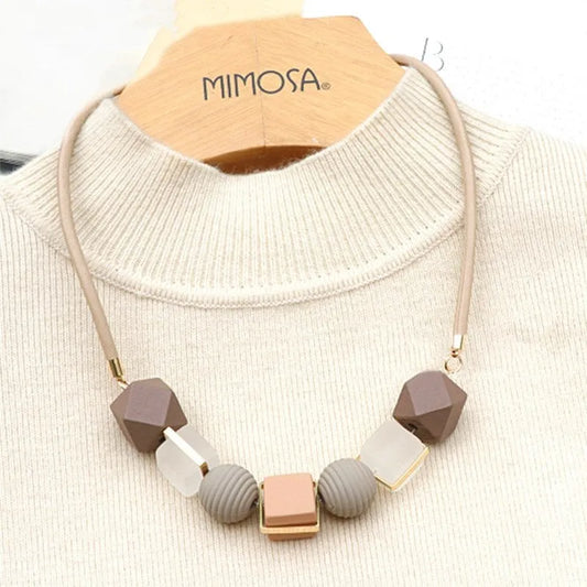 Necklace For Women Colored Wood Round Beaded Pendant Trendy Sweater Chain Geometric Jewelry Accessories