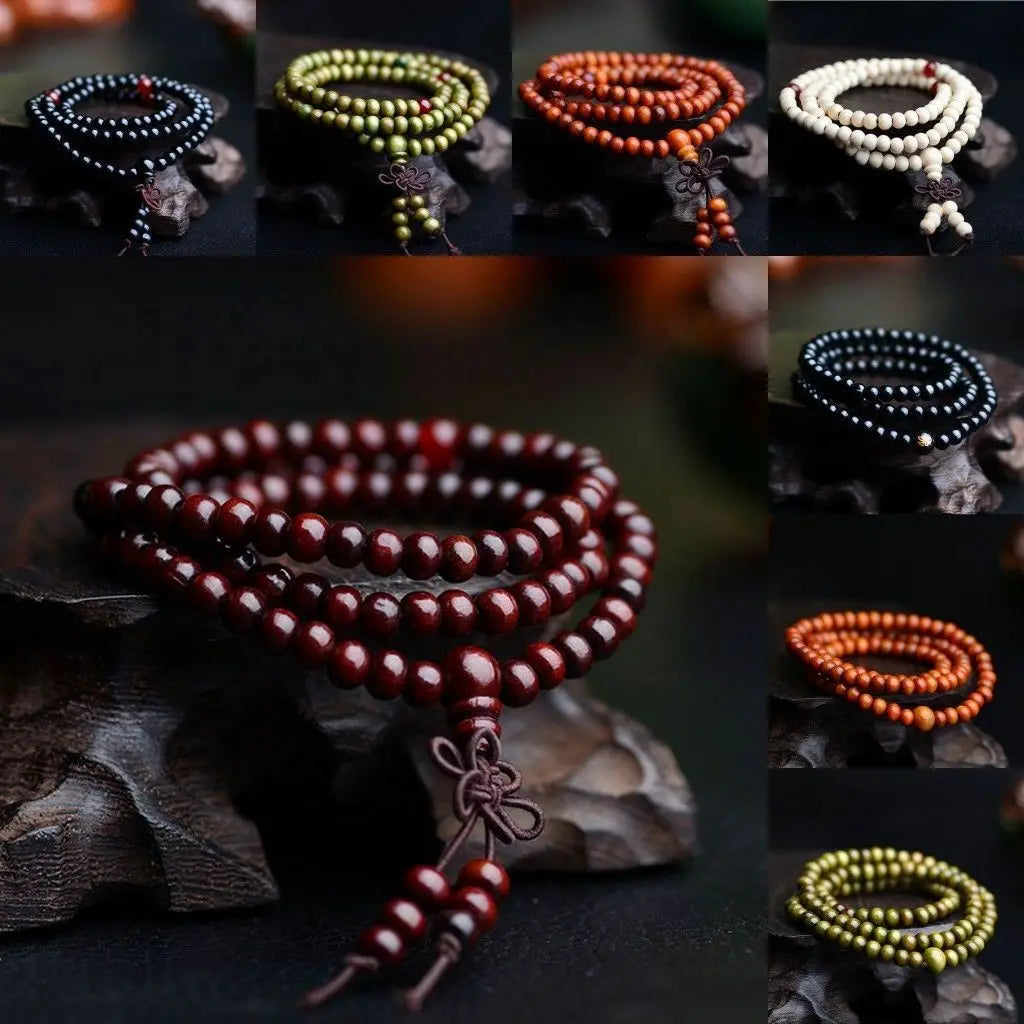 Bracelets 6mm Natural Sandalwood Wood Beads Buddhist Prayer Beaded Knot 4-Layer Wrist Chain Men Women