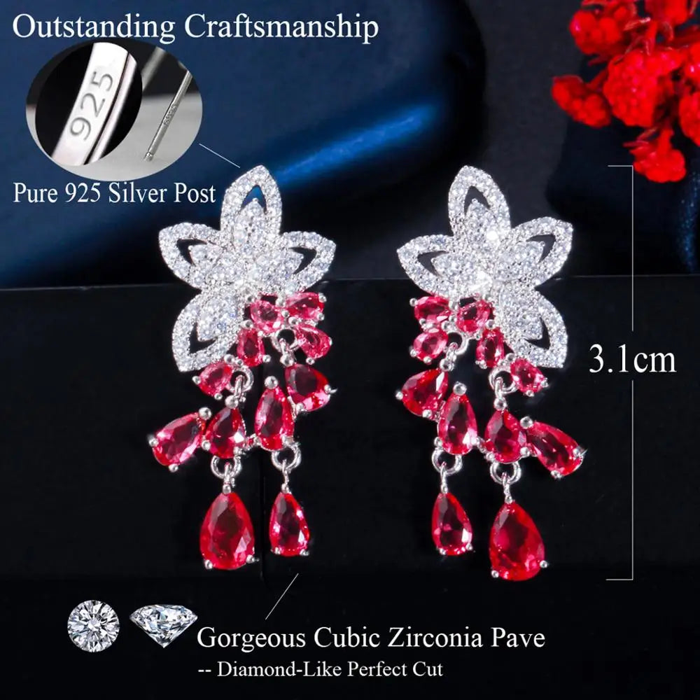 Earrings Ruby Red Cubic Zirconia Flower Waterdrop CZ Tassel Dangling Party Jewelry Gift