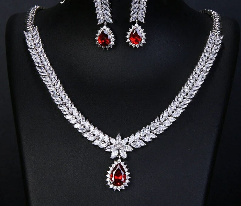 Earrings Necklace Set Luxury AAA Cubic Zircon 4 Colors Water Drop Wedding For Women