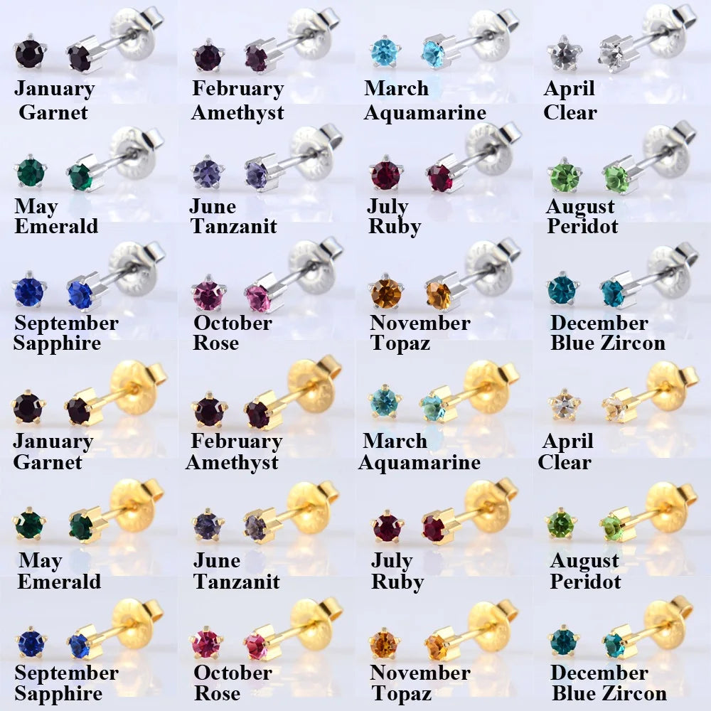 Earrings Women New 24K Gold Plating & Steel Mix Birthstone Cubic Zircon CZ Ear Studs Claw Setting Ear Tragus Cartilage Jewelry