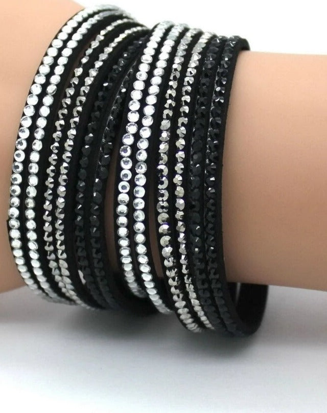 Black & Silver-New Fashion Trendy Handmade Rhinestone & Leather Long Charm Bracelet-Unisex 12 pc