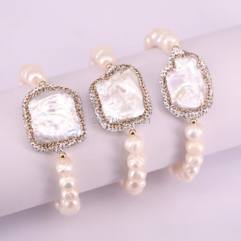 Bracelets Handmade Set For Women 6Pcs Fashion Paved Rhinestone White Freshwater Pearl Strand Jewelry