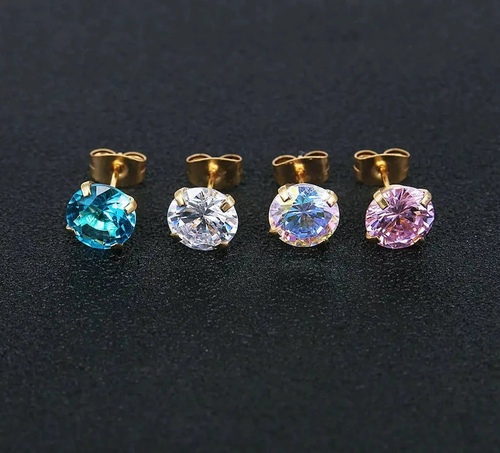 Earrings Stud Stainless Steel 3-8mm Gold Color Star Small Stud Crystal Earrings Pink For Women Girls