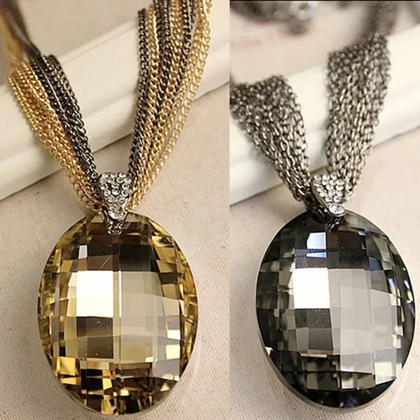 Necklaces for Women Pendant Charm Multi-Chain Long Chain New Gold Color Black Oval Glass Crystal Gift