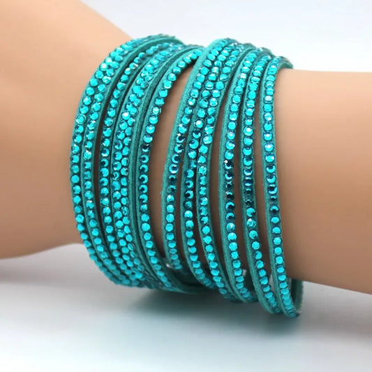 Teal Color-New Fashion Trendy Handmade Rhinestone Long Charm Bracelet-Unisex 12 pc/order