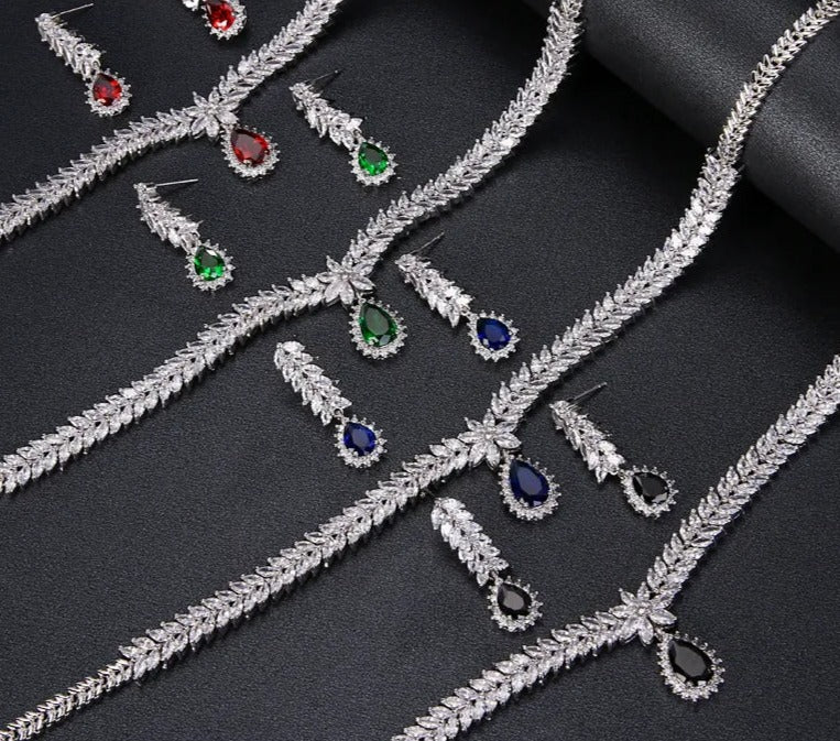 Earrings Necklace Set Luxury AAA Cubic Zircon 4 Colors Water Drop Wedding For Women