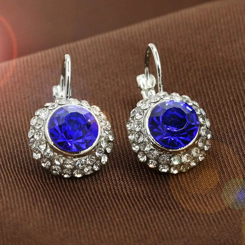 Earrings for Women Girls 6 Colors Blue Red Green Pink Round Fancy Crystal Silver Plated Drop Earrings Dangle Earrings