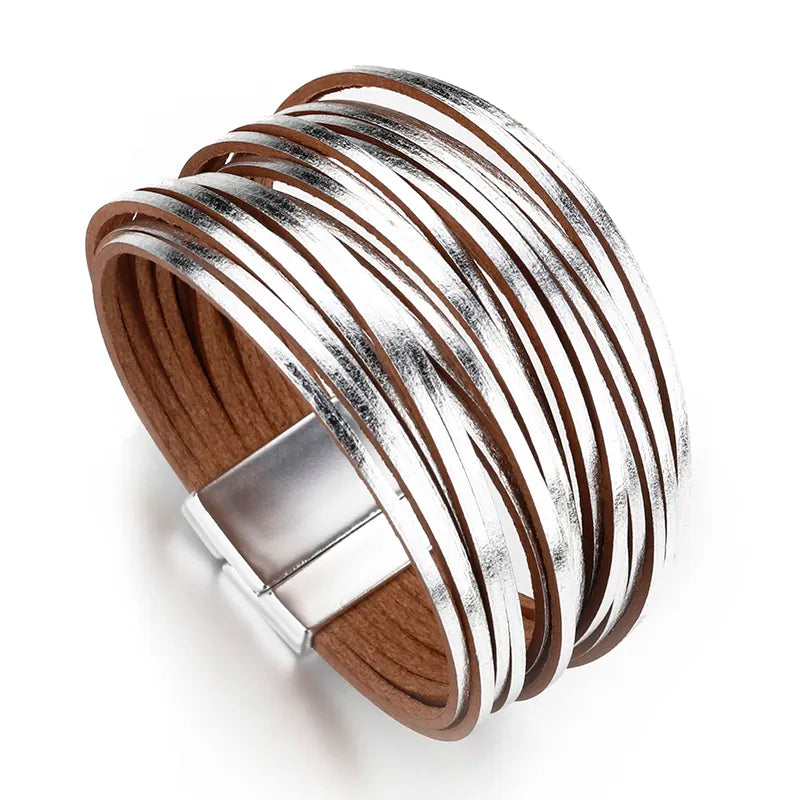 Bracelets For Women/Men Fashion Gold Silver Color Leather  Boho Multilayer Strips Wide Wrap Jewelry