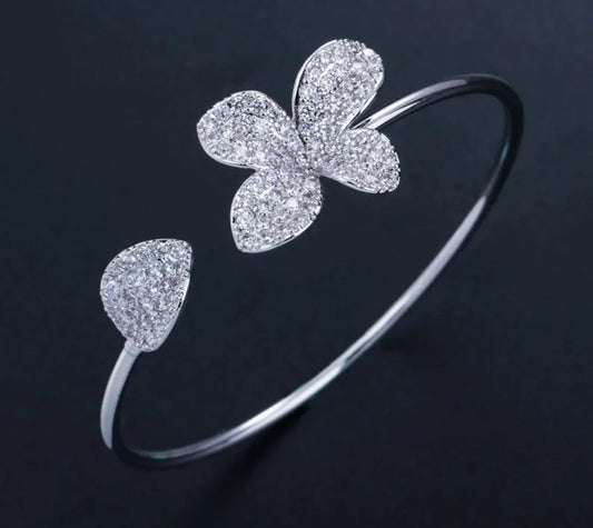 Bangle Bracelet For Women Adjustable Designer Flower and Leaf Silver Color Micro Pave Cubic Zirconia Gift Jewelry