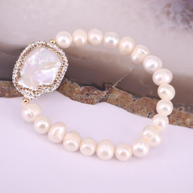 Bracelets Handmade Set For Women 6Pcs Fashion Paved Rhinestone White Freshwater Pearl Strand Jewelry