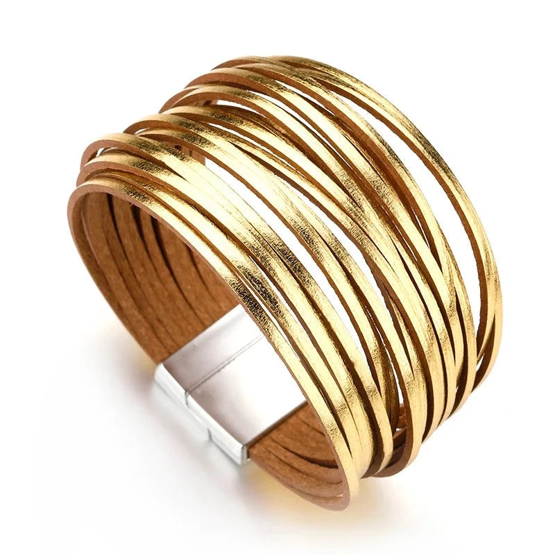 Bracelets For Women/Men Fashion Gold Silver Color Leather  Boho Multilayer Strips Wide Wrap Jewelry