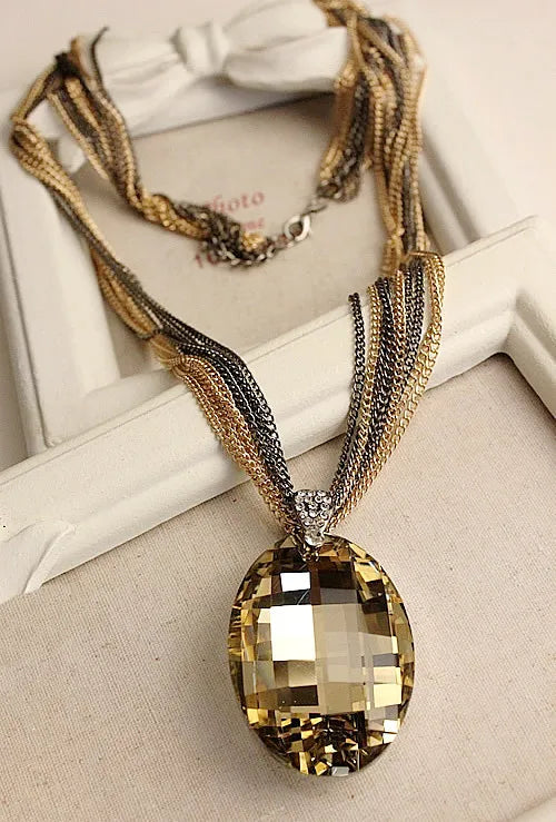 Necklaces for Women Pendant Charm Multi-Chain Long Chain New Gold Color Black Oval Glass Crystal Gift