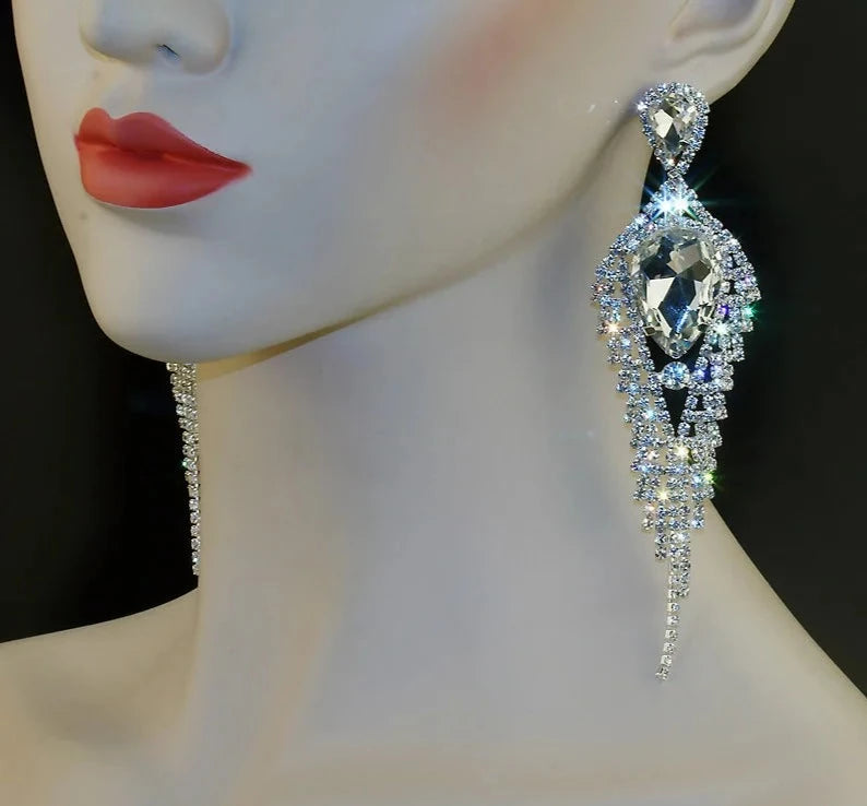 Earrings for Women Silver Plated Drop Classic Sparkling Rhinestone Crystal Exaggerated Long Tassel Dangle Party Jewelry