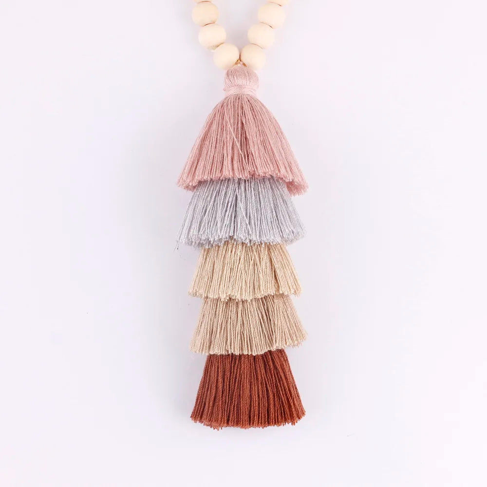 Necklaces Boho 5 Layers Cotton Fringe Tassel Pendant Long Wooden Beads Chain Wood Beads Tassel Pendant Jewelry