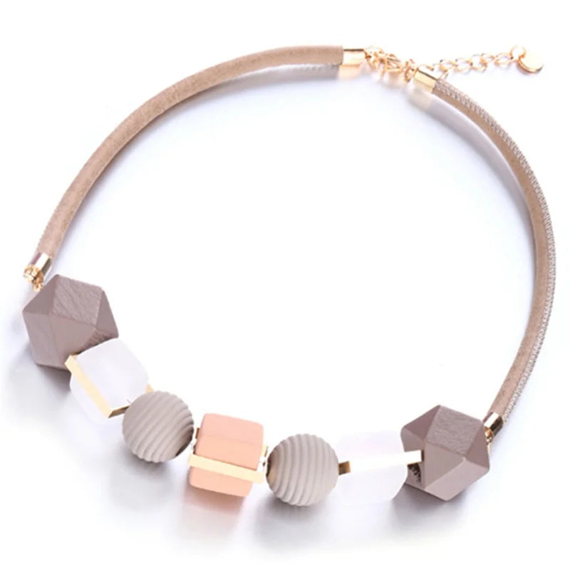 Necklace For Women Colored Wood Round Beaded Pendant Trendy Sweater Chain Geometric Jewelry Accessories