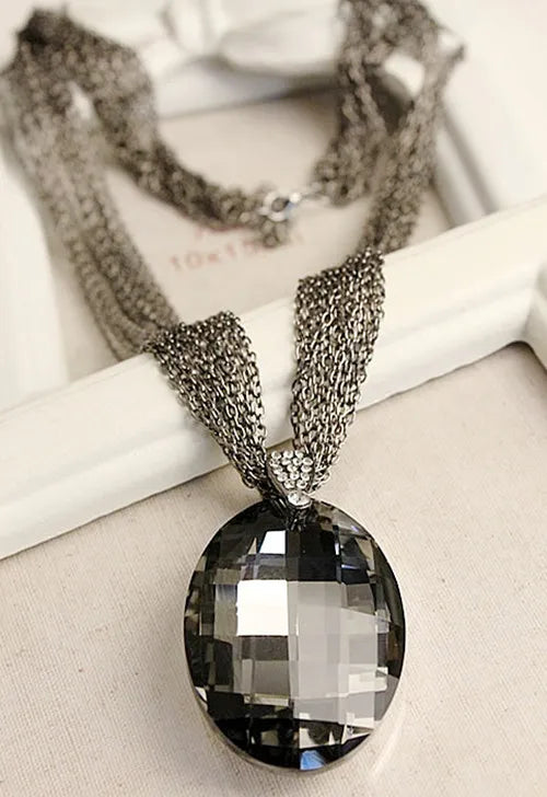 Necklaces for Women Pendant Charm Multi-Chain Long Chain New Gold Color Black Oval Glass Crystal Gift