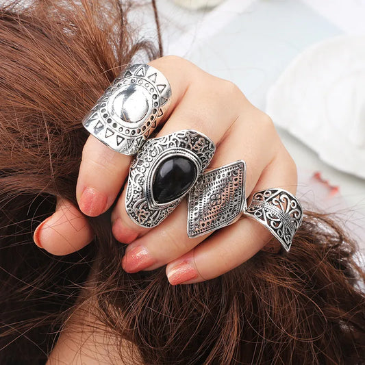 Rings Set Multi PCs/Sets Vintage Turkish Beach Punk Resin Beads  Ethnic Carved Silver Plated Boho Midi Finger Ring Knuckle Charm Jewelry