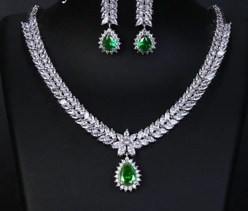 Earrings Necklace Set Luxury AAA Cubic Zircon 4 Colors Water Drop Wedding For Women