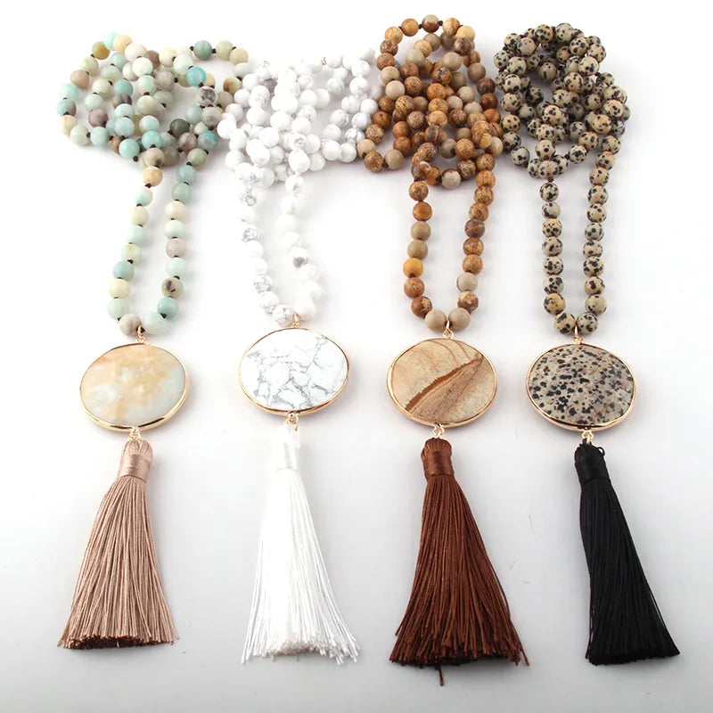 Necklaces For Women Ethnic Fashion Bohemian Style Semi Precious Stones Long Knotted Matching Stone Pendant Necklace