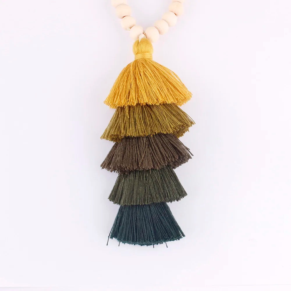 Necklaces Boho 5 Layers Cotton Fringe Tassel Pendant Long Wooden Beads Chain Wood Beads Tassel Pendant Jewelry