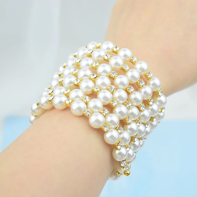 Bracelet for Women Multilayer Stretchable Elegant Crystal Imitation Pearl  Bracelet Bridal Jewelry Gift