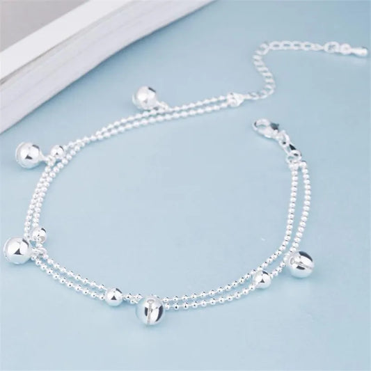 Anklets For Women New Fashion 925 Sterling Silver Cute Beads Chain Bells Foot Jewelry