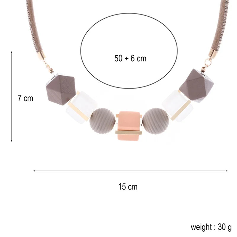 Necklace For Women Colored Wood Round Beaded Pendant Trendy Sweater Chain Geometric Jewelry Accessories