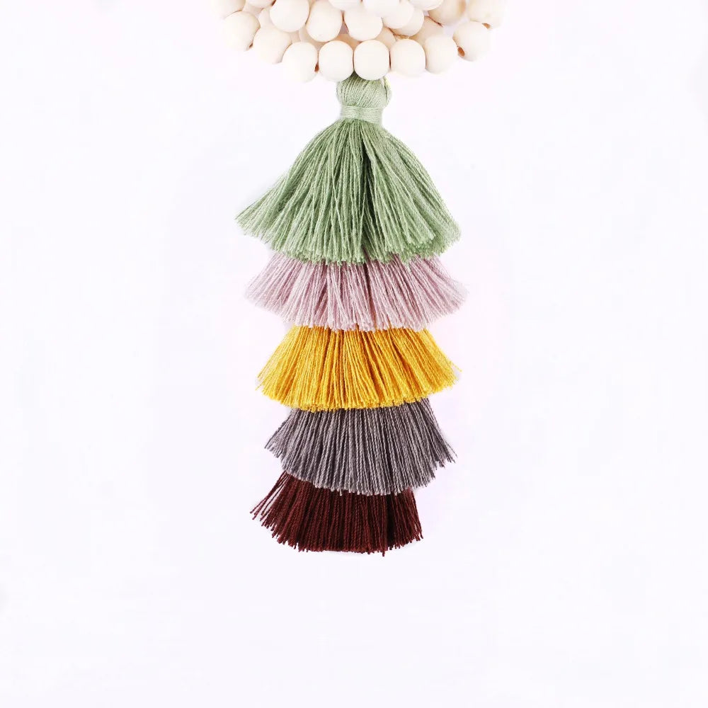 Necklaces Boho 5 Layers Cotton Fringe Tassel Pendant Long Wooden Beads Chain Wood Beads Tassel Pendant Jewelry