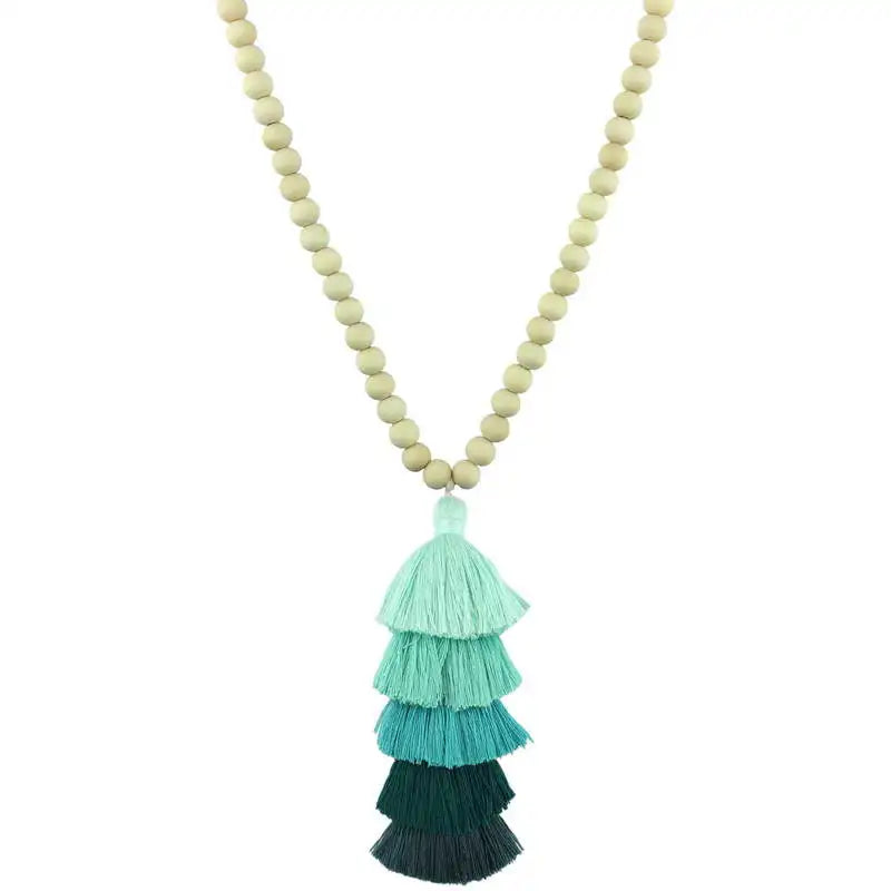 Necklaces Boho 5 Layers Cotton Fringe Tassel Pendant Long Wooden Beads Chain Wood Beads Tassel Pendant Jewelry