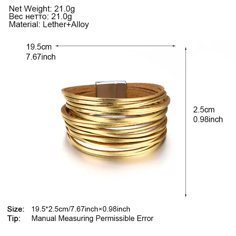 Bracelets For Women/Men Fashion Gold Silver Color Leather  Boho Multilayer Strips Wide Wrap Jewelry